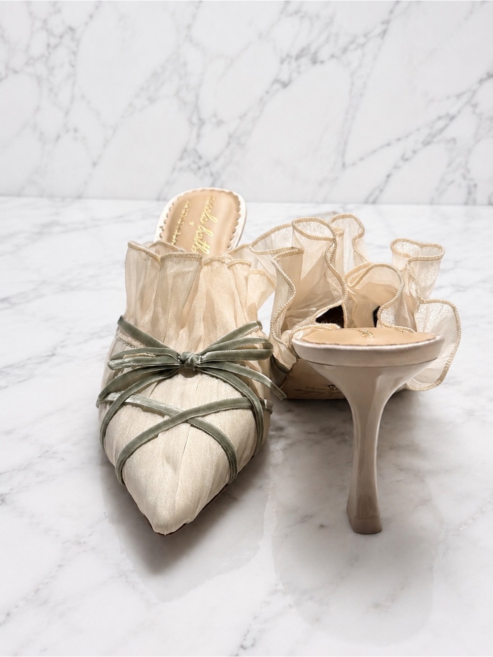 ANTONIO MELANI Cream Satin Ruffle Mule with Sage Bow - Picture 3 of 5